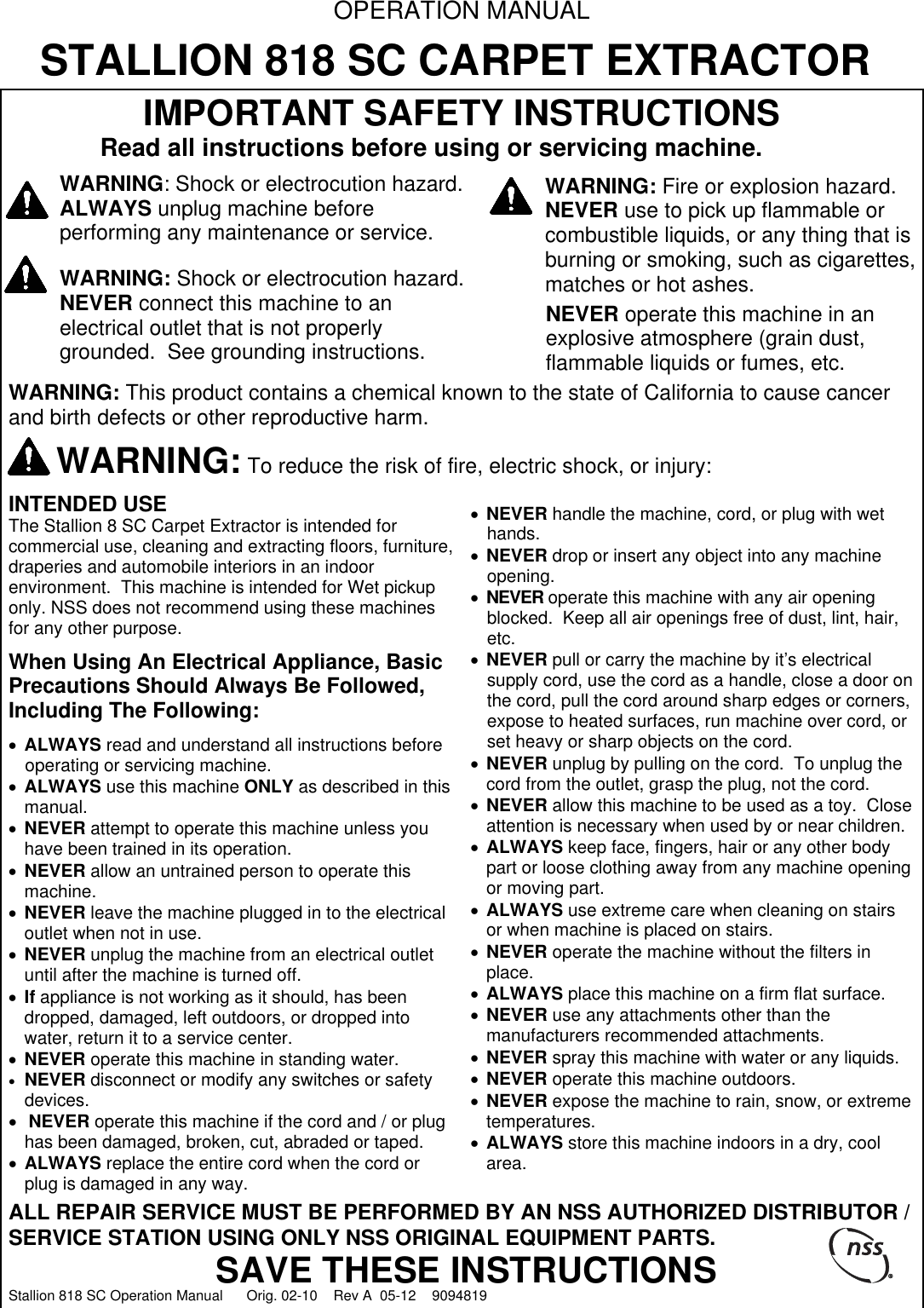 9094819 Stallion 818 SC English Operation Manual Nss 818sc carpet