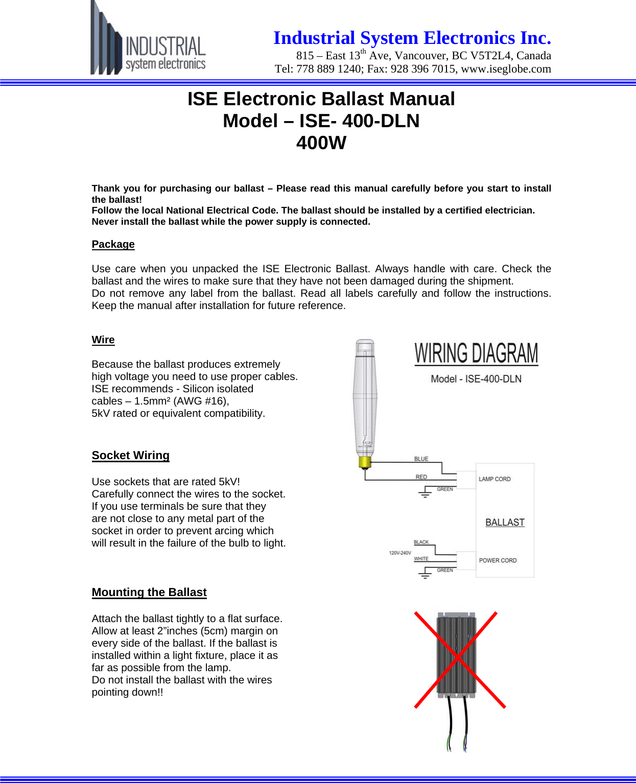 System Electronics ISE400DLN ELECTRONIC BALLAST ISE400DLN; ISE600