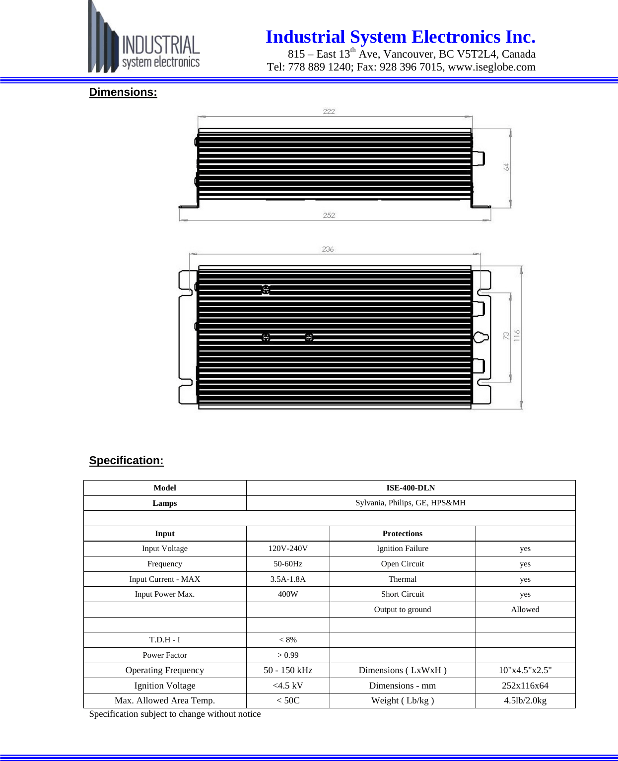 System Electronics ISE400DLN ELECTRONIC BALLAST ISE400DLN; ISE600