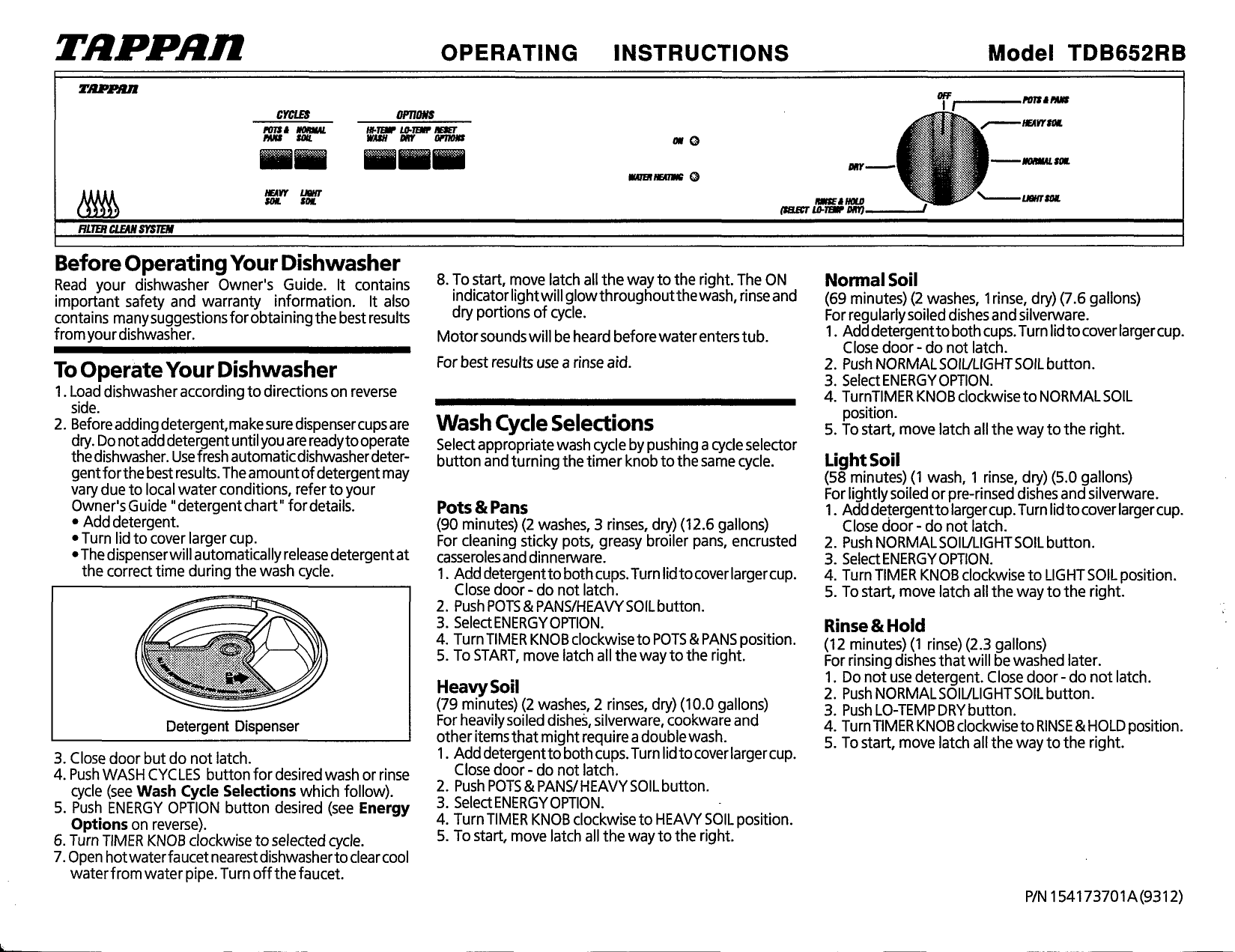 TAPPAN Dishwasher Manual L0812303