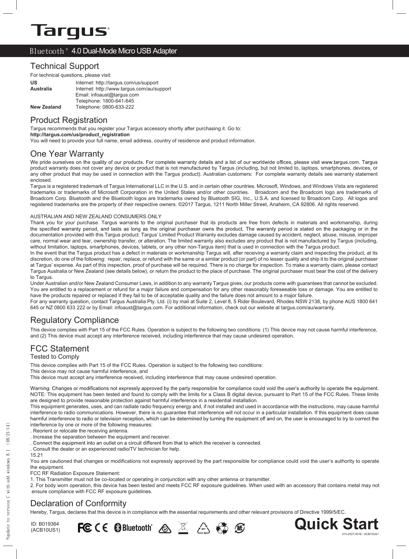 Targus 000080 Bluetooth V4.0 Dualmode Dongle User Manual ACB10US1 UG