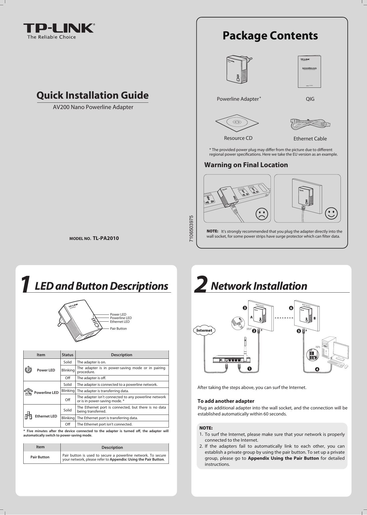 Tp Link Tl Pa2010Kit Quick Installation Guide