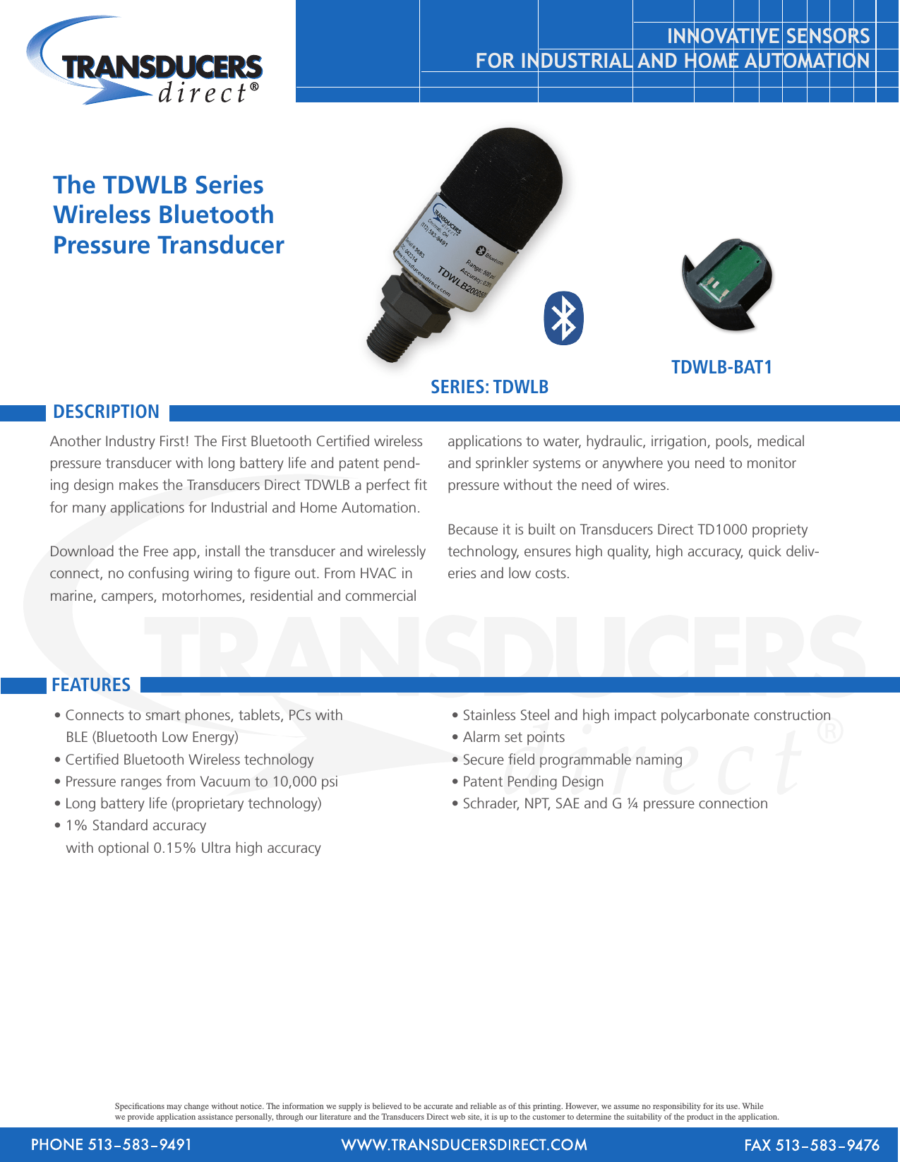 Transducers Direct TDWLB Wireless Pressure Transducer User Manual