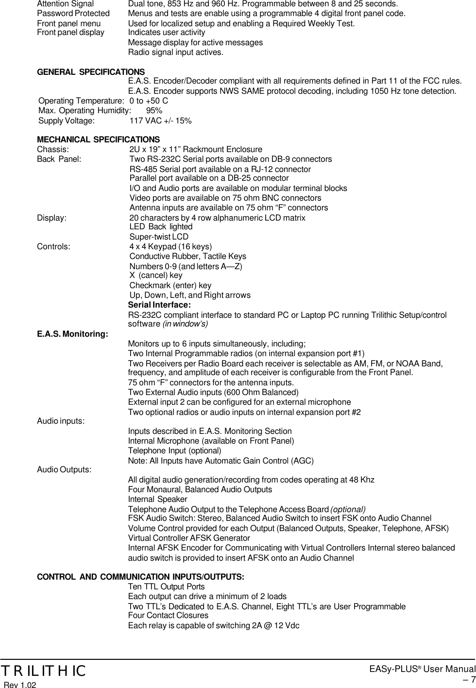 Trilithic EASYPLUS-1 Emergency Alert System User Manual