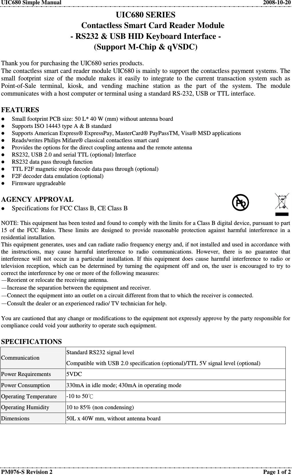 Uniform 680CLB Contactless Smart Card Reader Module User Manual