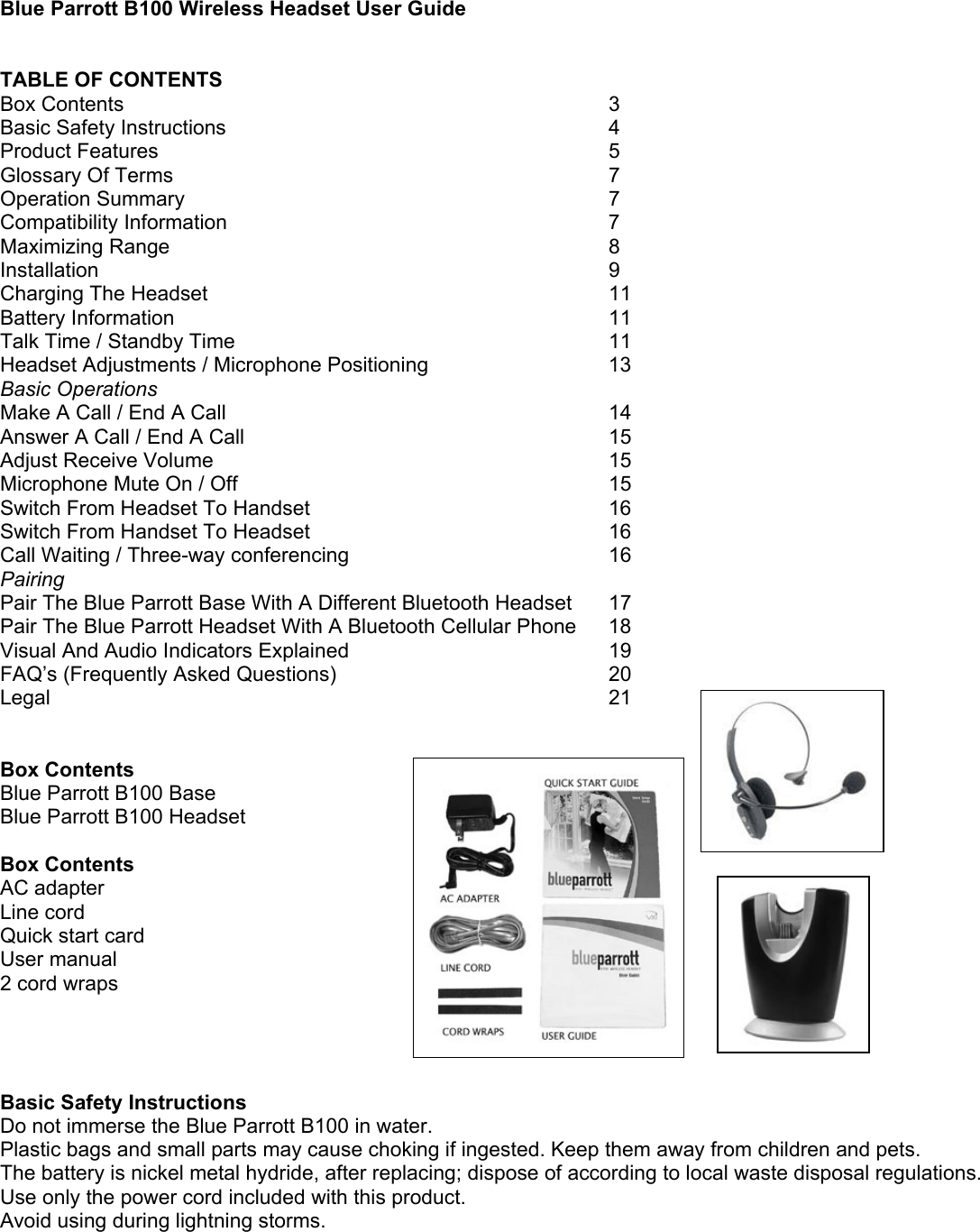 VXI 201549 BT Headset User Manual Blue Parrott B100 Wireless Headset