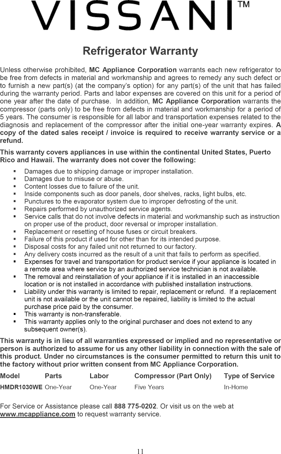 Vissani HMDR1030WE User Manual REFRIGERATOR Manuals And Guides 1401121L