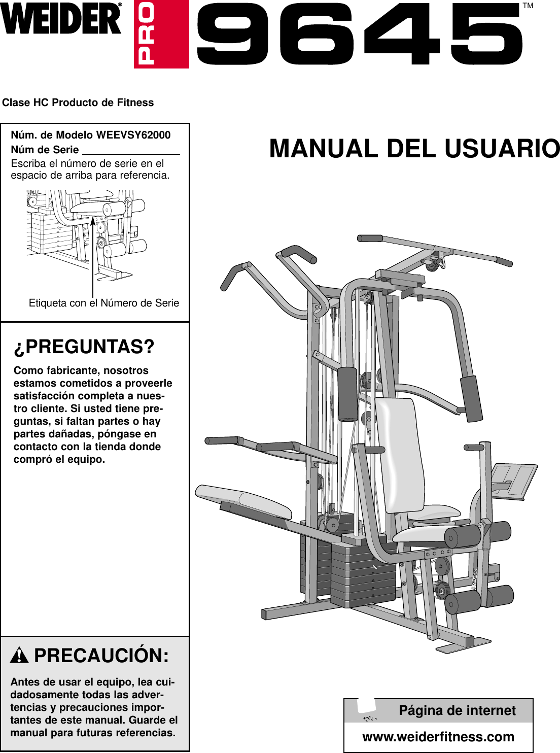 Weider Pro 9645 System Weevsy6200 Users Manual