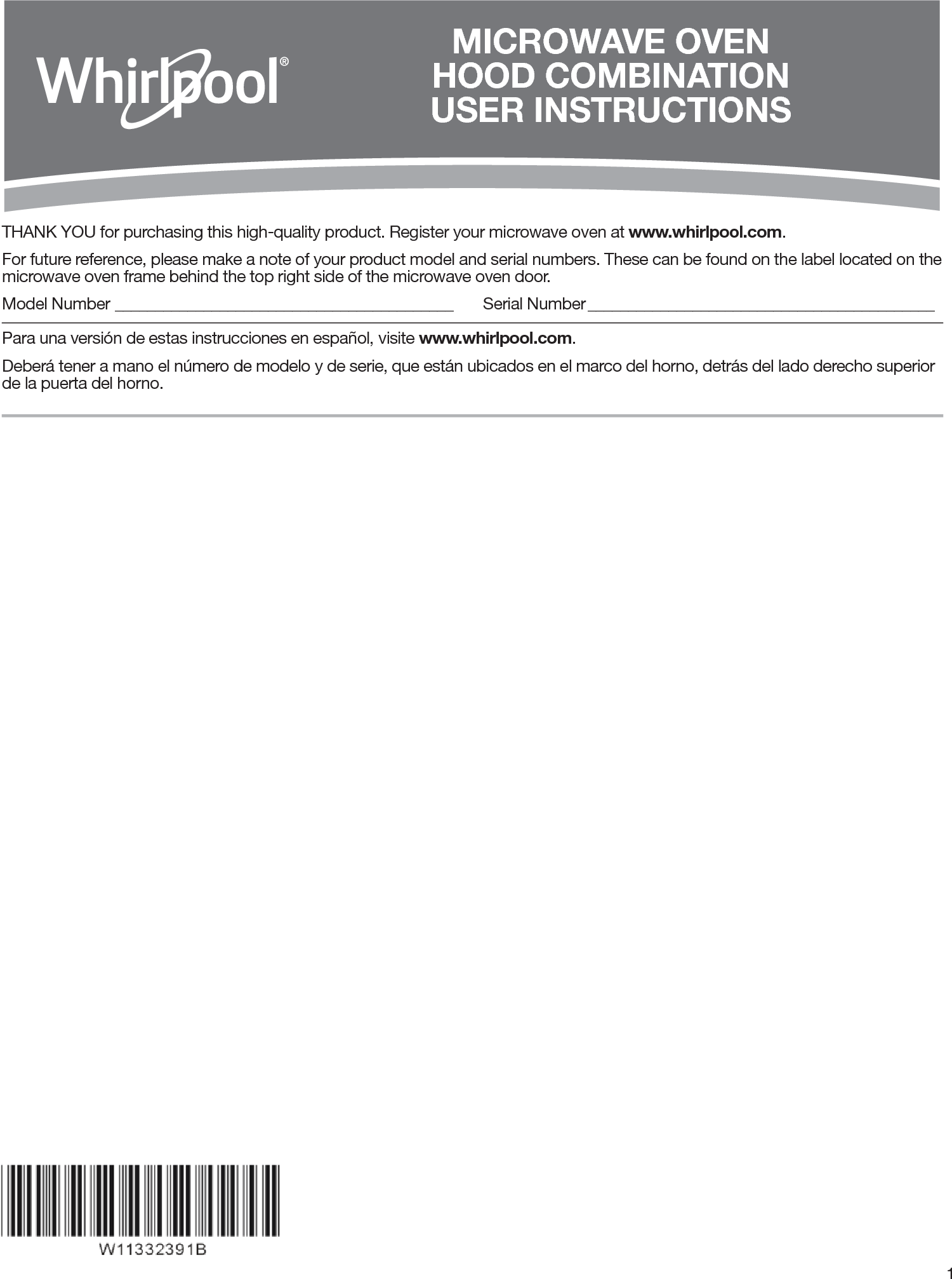 Whirlpool Microwave Development LCLPACUX Microwave Oven User Manual