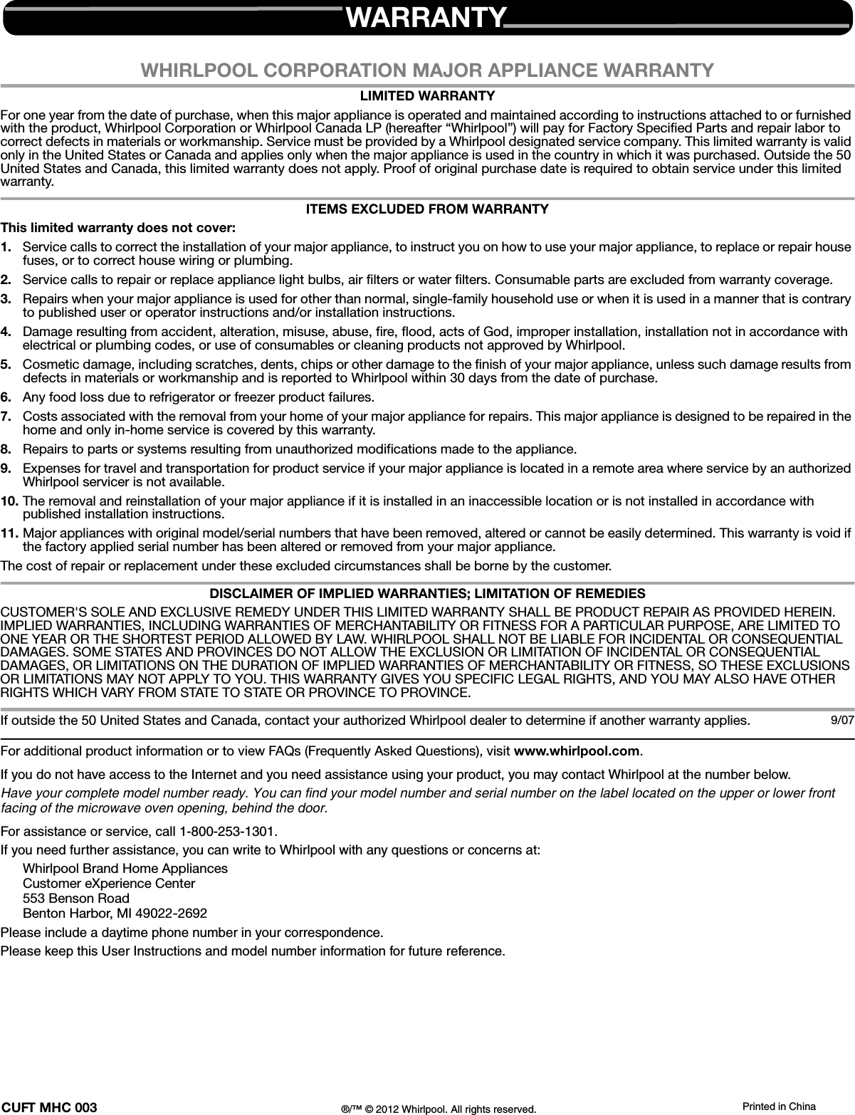 Whirlpool Microwave Development REDACU3SOLO Microwave Oven User Manual