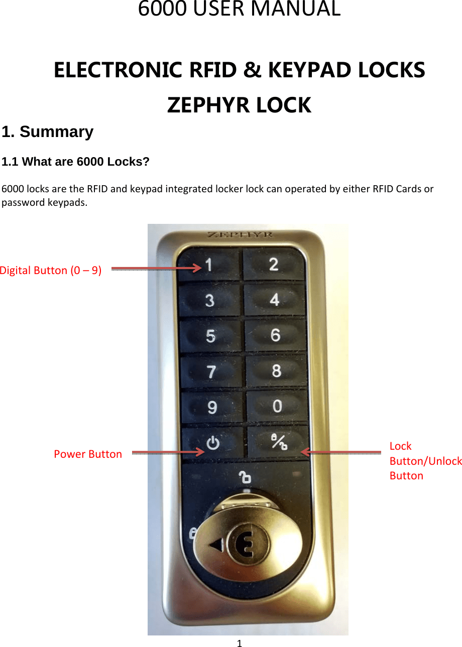 Zephyrlock 6000 ELECTRONIC RFID & KEYPAD LOCKS User Manual User manual