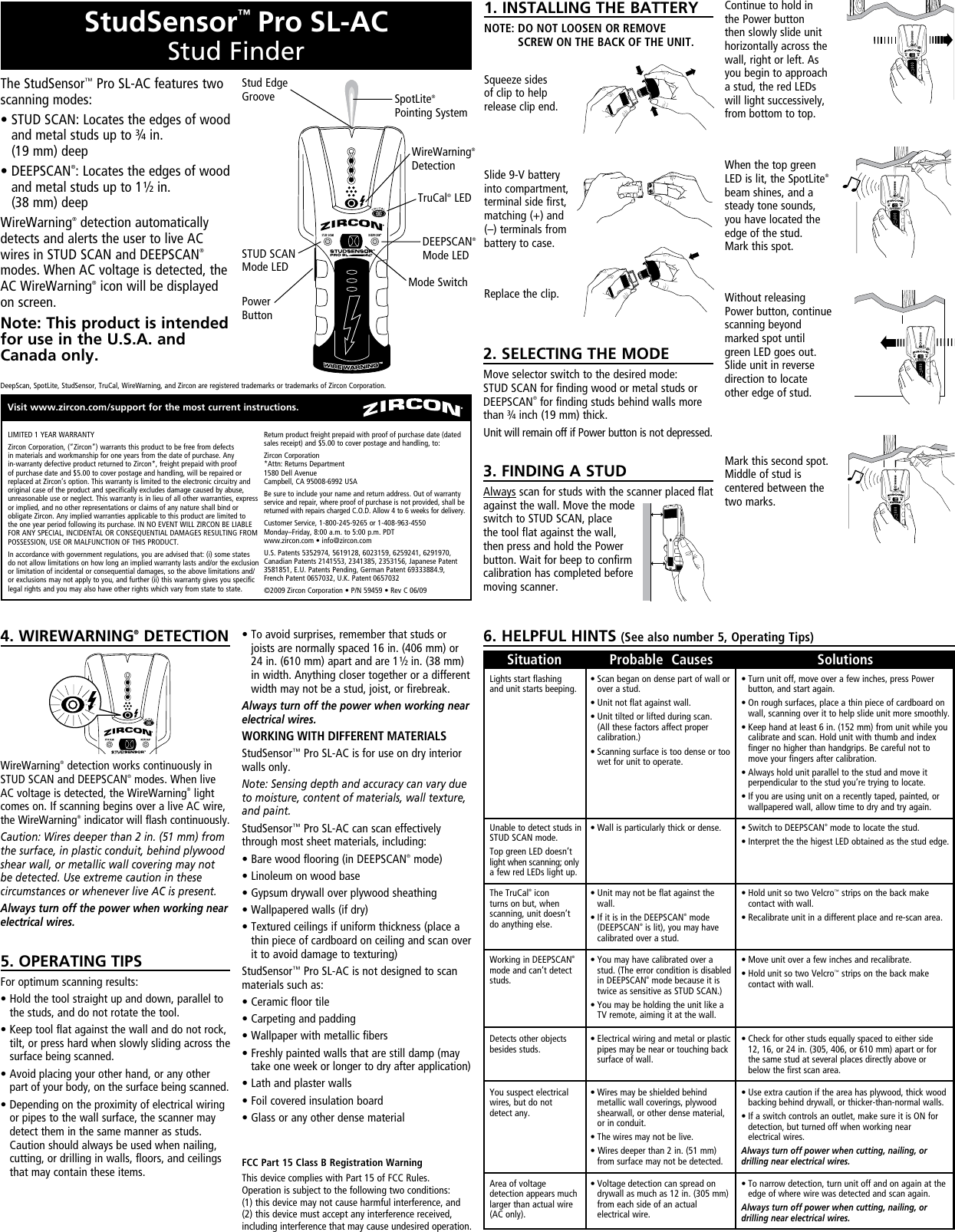 Zircon Studsensor Pro Sl Ac Owner S Manual