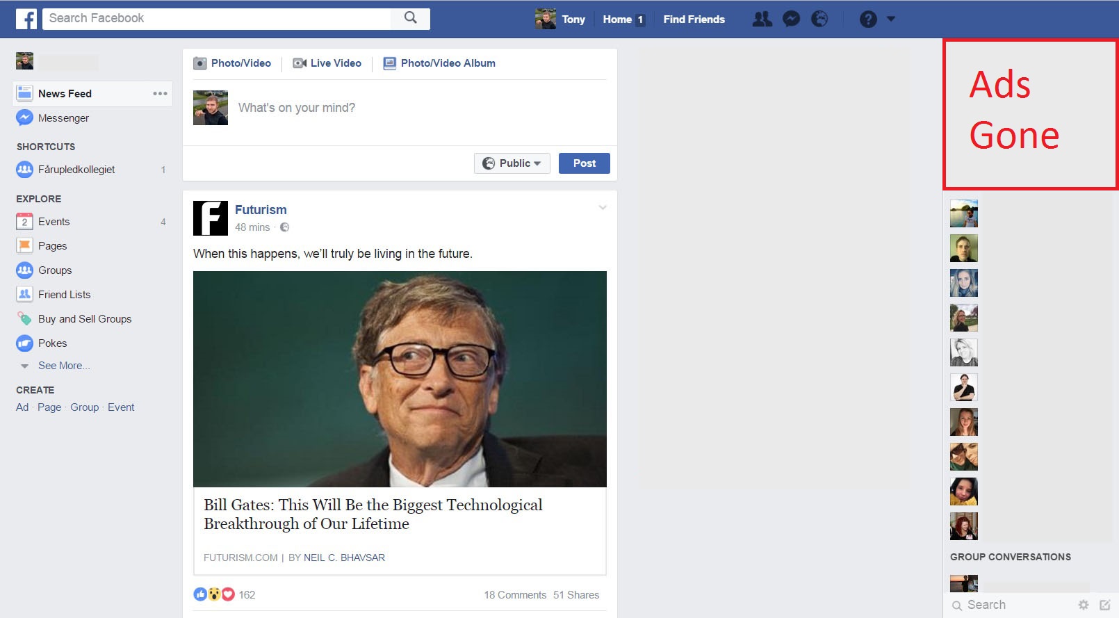 Remove ads in activity sidebar Facebook