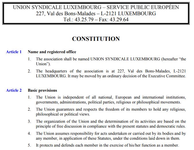 Statutes of the Union Syndicale Luxembourg Union Syndicale Luxembourg