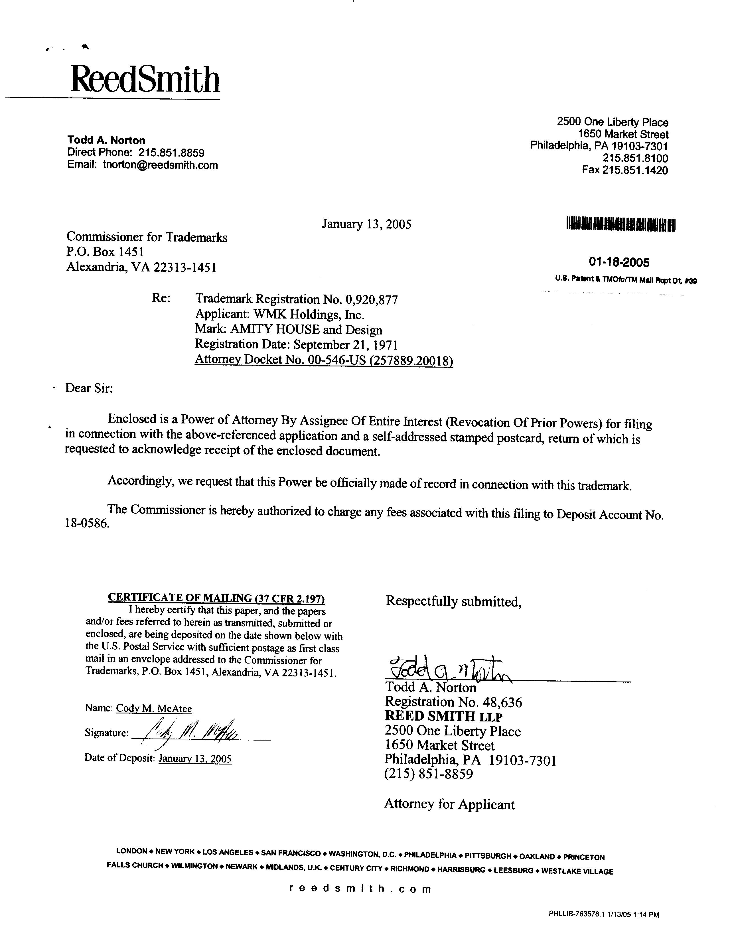 AMITY HOUSE Wmk Holdings, Inc. Trademark Registration