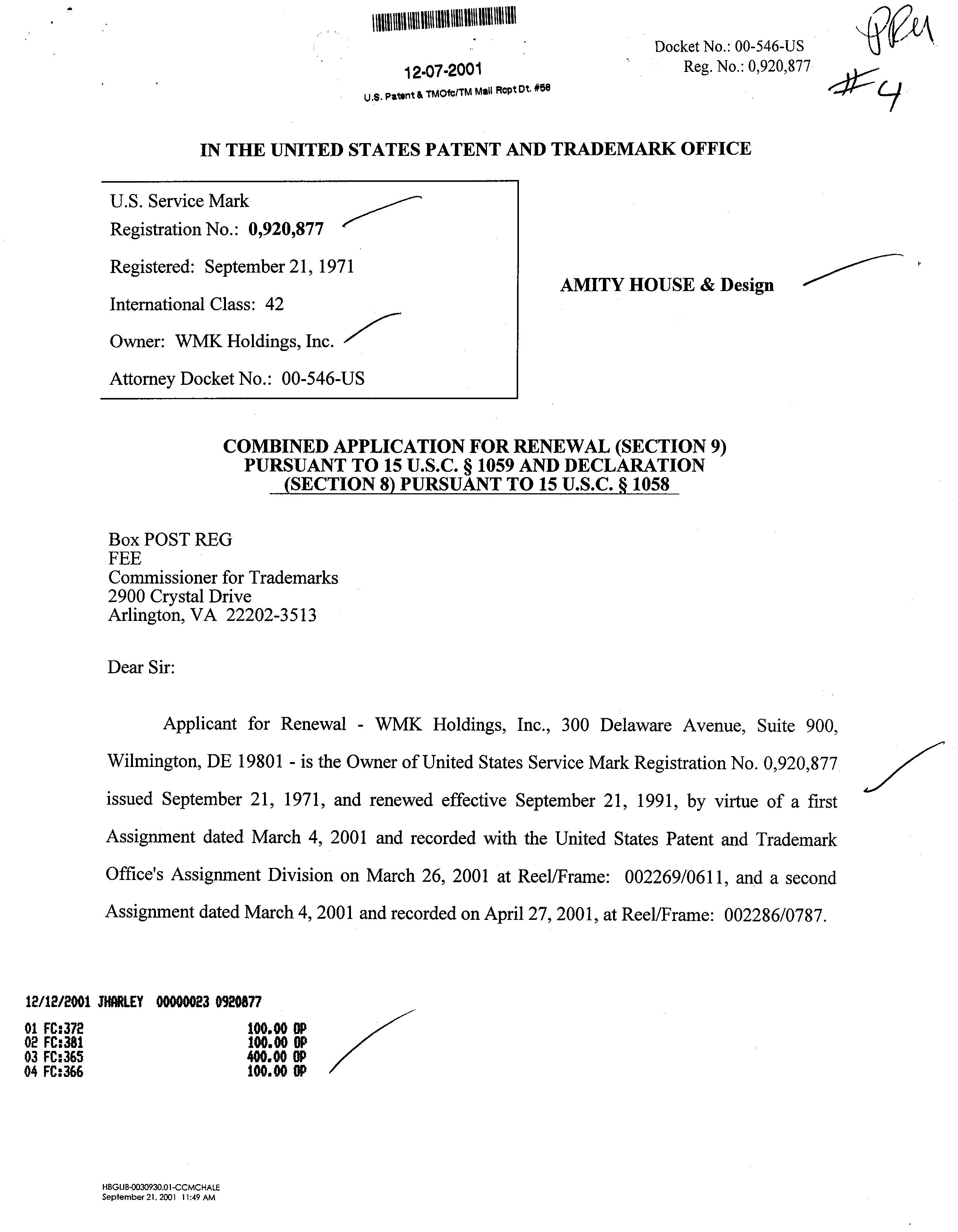 AMITY HOUSE Wmk Holdings, Inc. Trademark Registration