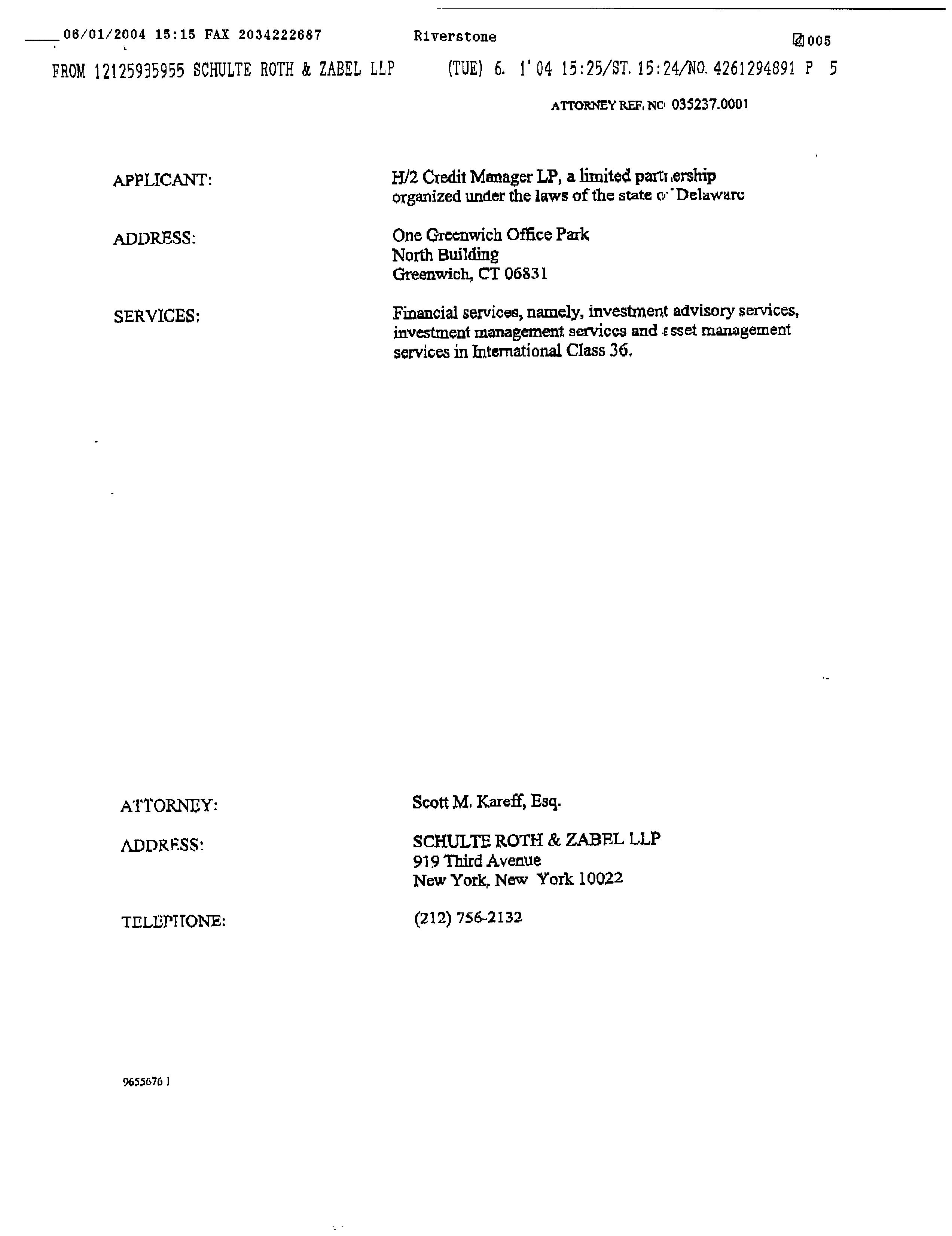 H/2 CAPITAL PARTNERS LLC H/2 Credit Manager LP Trademark Registration