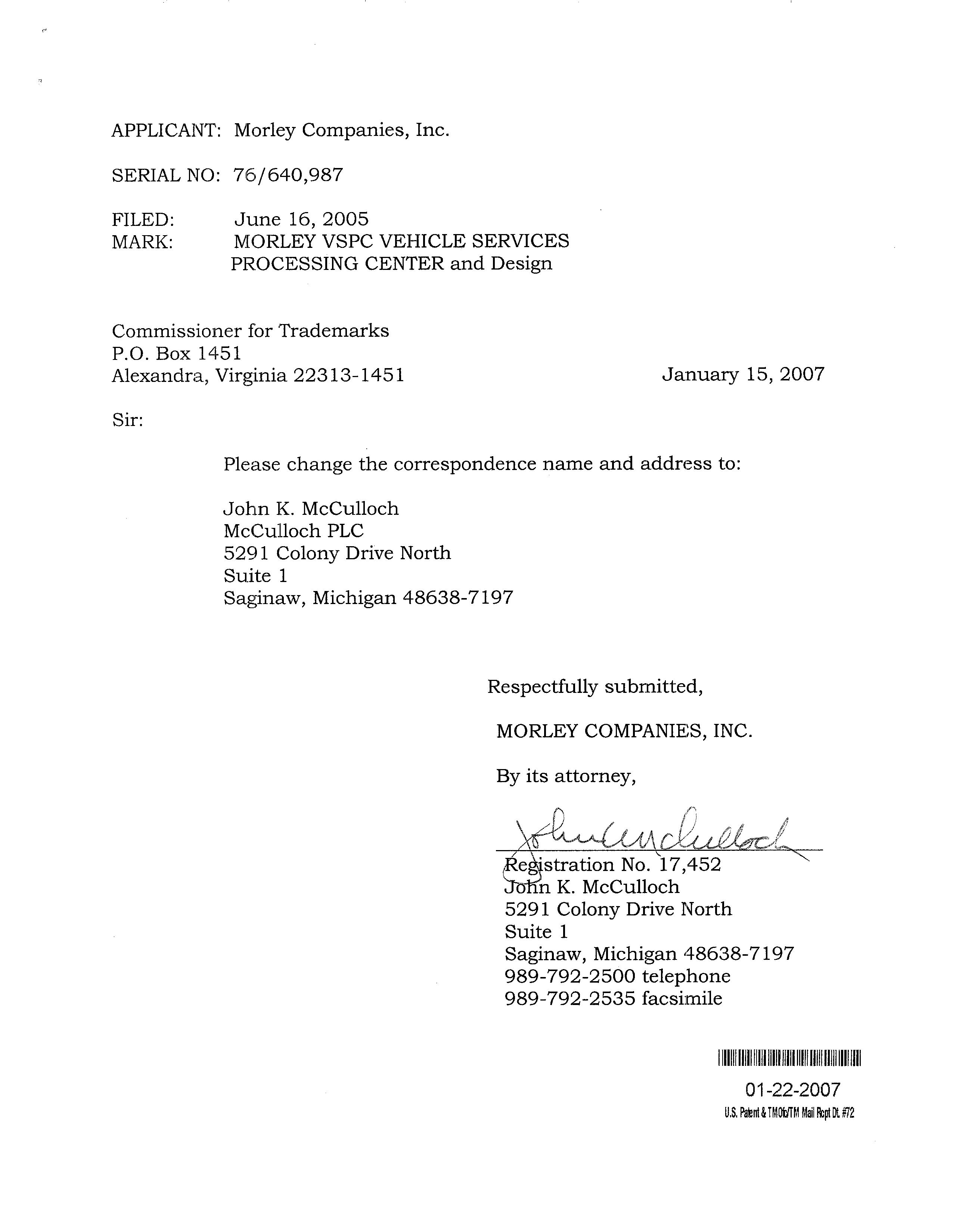 MORLEY VSPC VEHICLE SERVICES PROCESSING CENTER Morley Companies, Incorporated Trademark