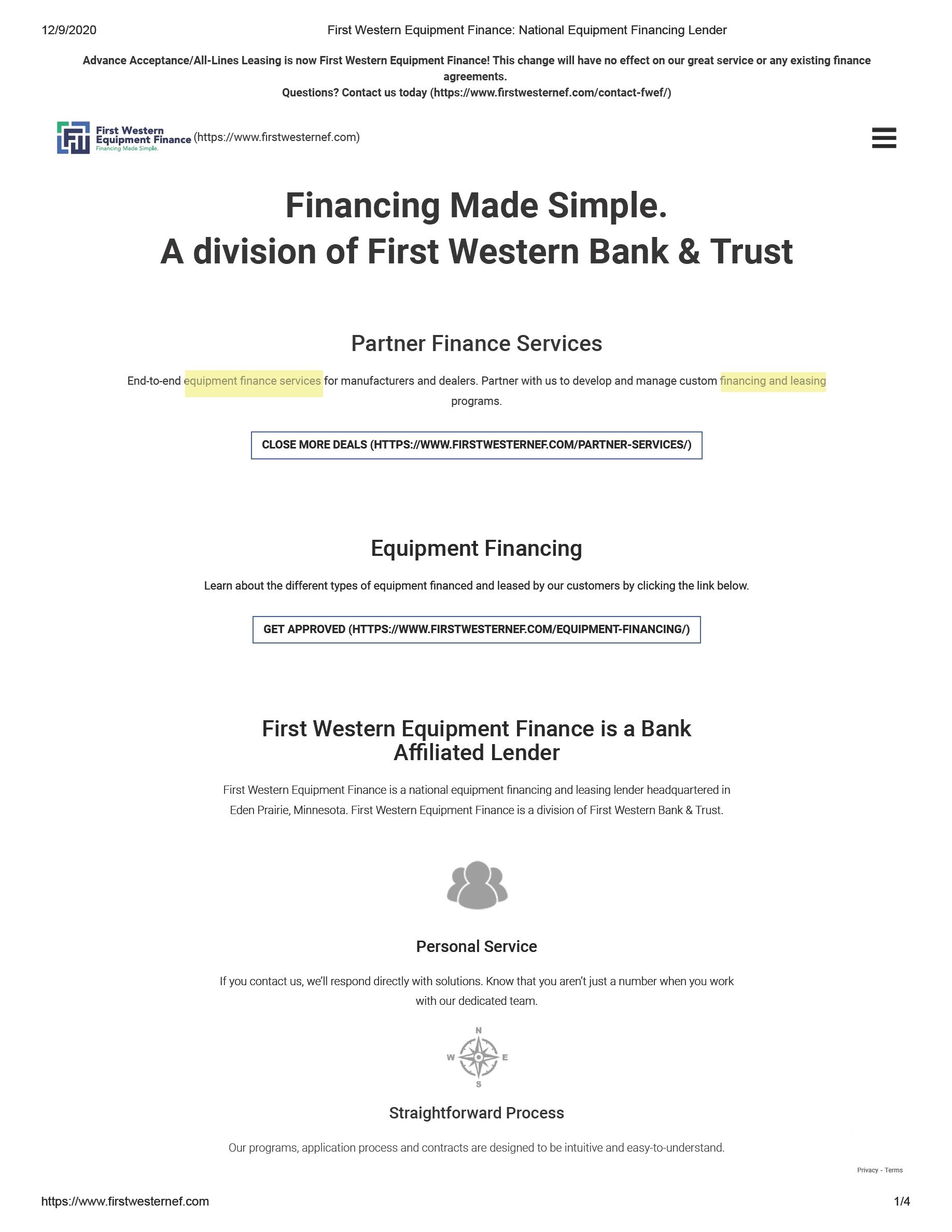 FIRST WESTERN EQUIPMENT FINANCE First Western Bank & Trust Trademark