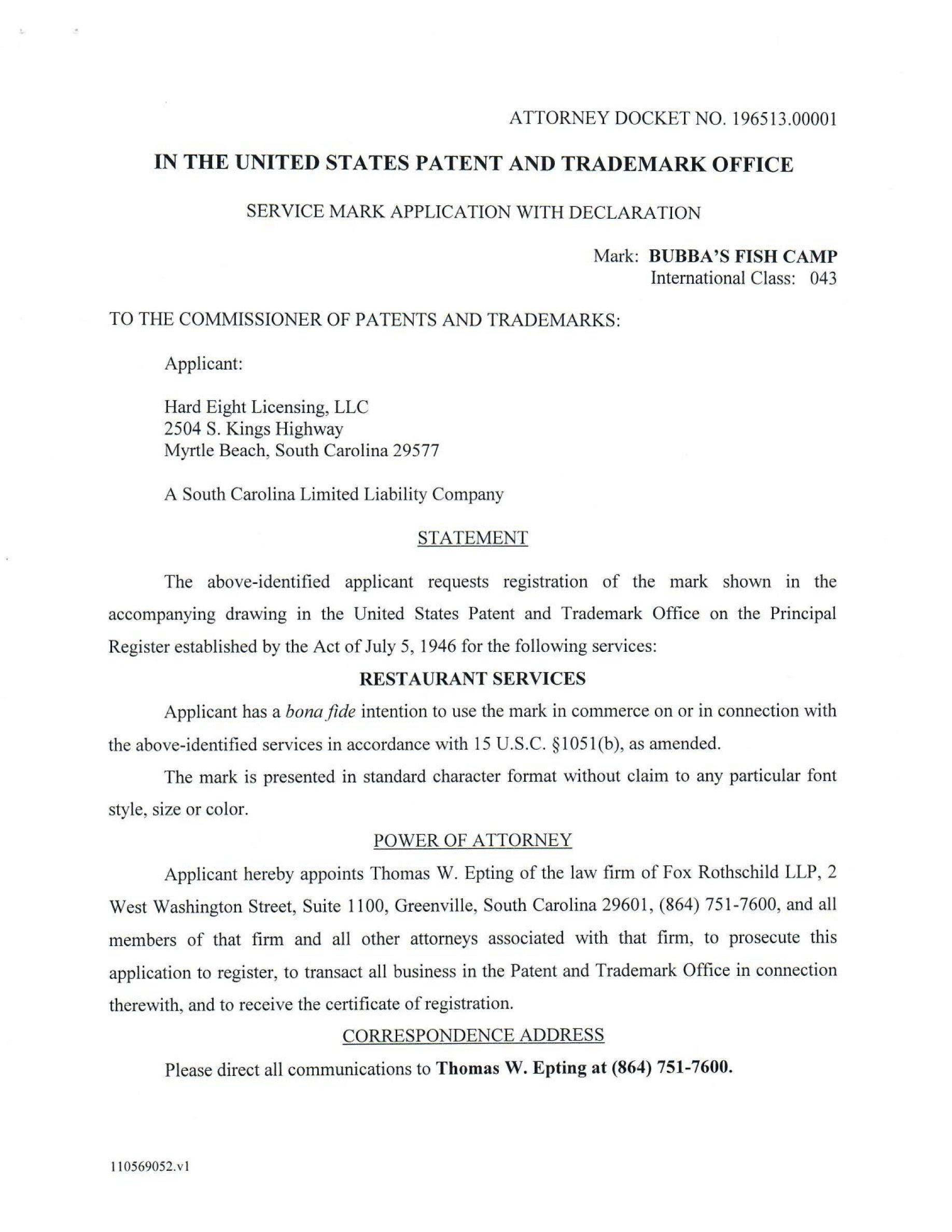 BUBBA'S FISH CAMP Hard Eight Licensing, LLC Trademark Registration