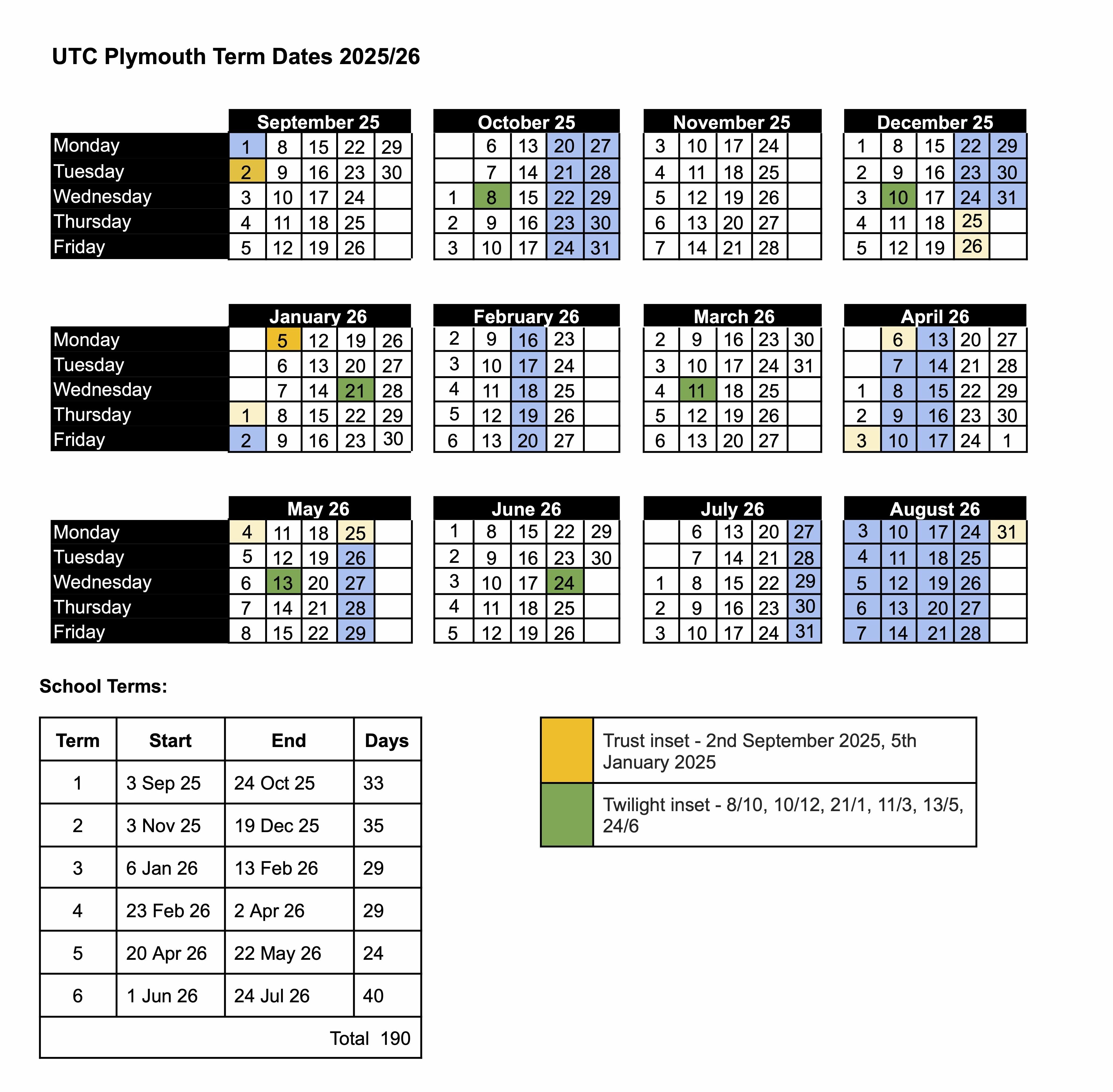 Calendar & Important Dates UTC Plymouth