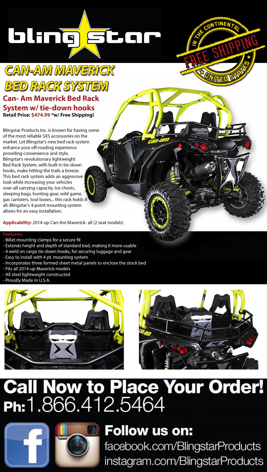 Blingstar CanAm Maverick Bed Rack System w/ tiedown hooks UTV On Demand