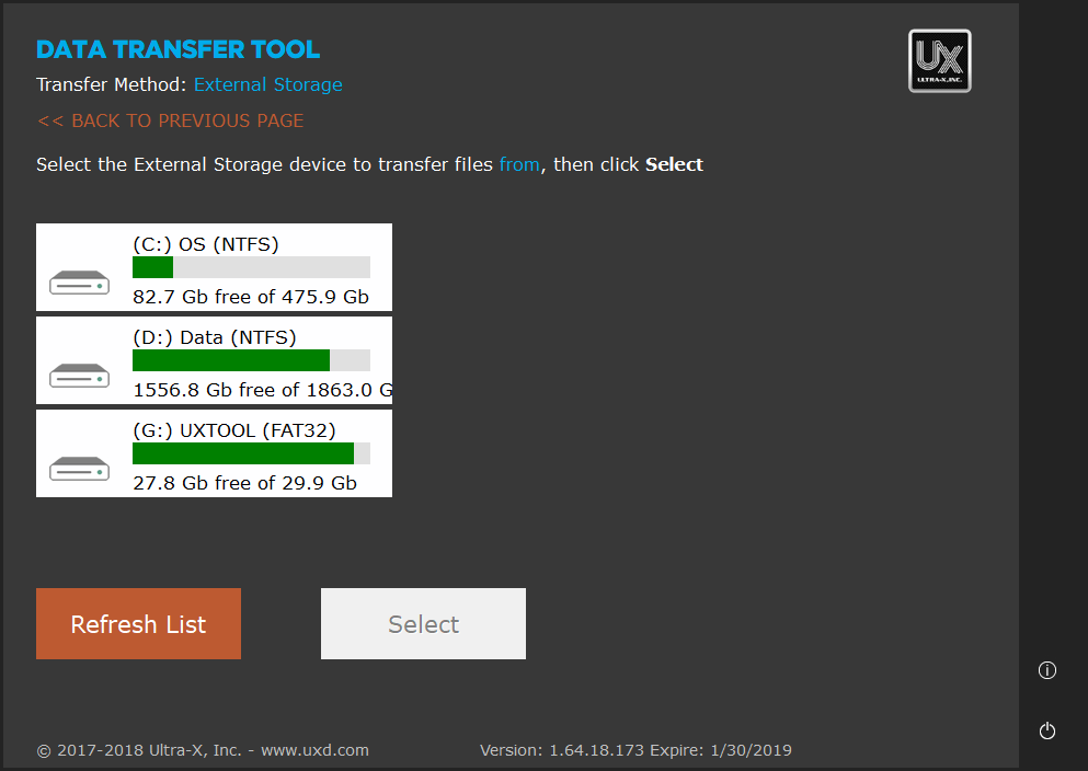 HOW TO USING THE DATA TRANSFER TOOL External Storage Transfer Mode UltraX, Inc.