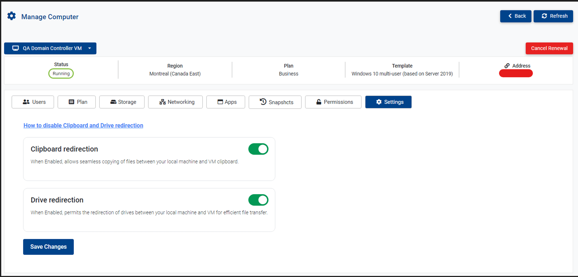 Updated Drive and Clipboard Redirection Settings per Virtual Computer