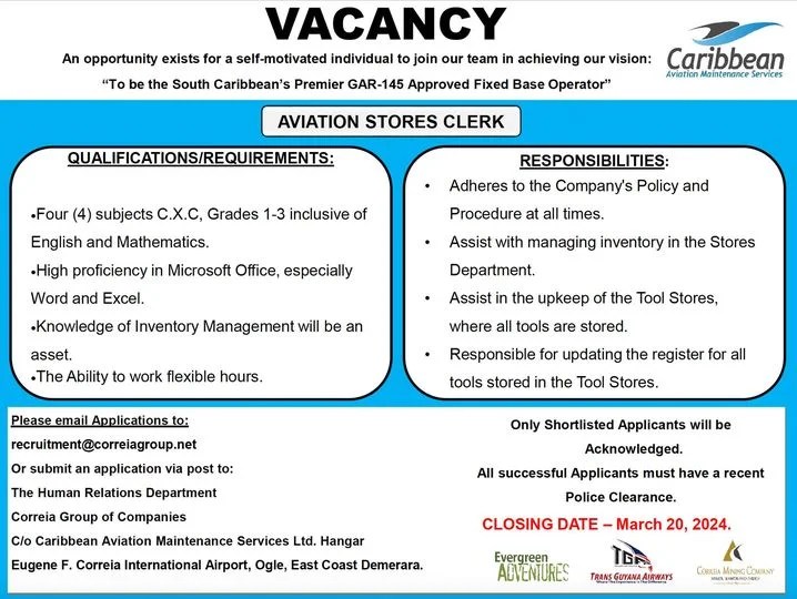 Opportunity Aviation Stores Clerk Guyana Jobs