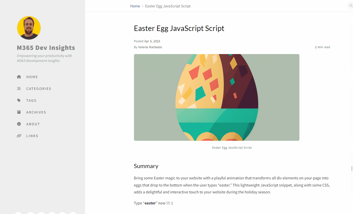Easter Egg JavaScript Script M365 Dev Insights