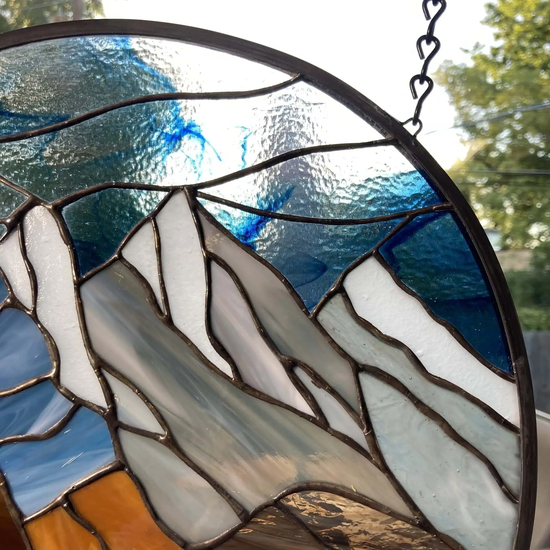 Majestic Mountain Stained Glass Window Panel Dark Blue Sky (v.1