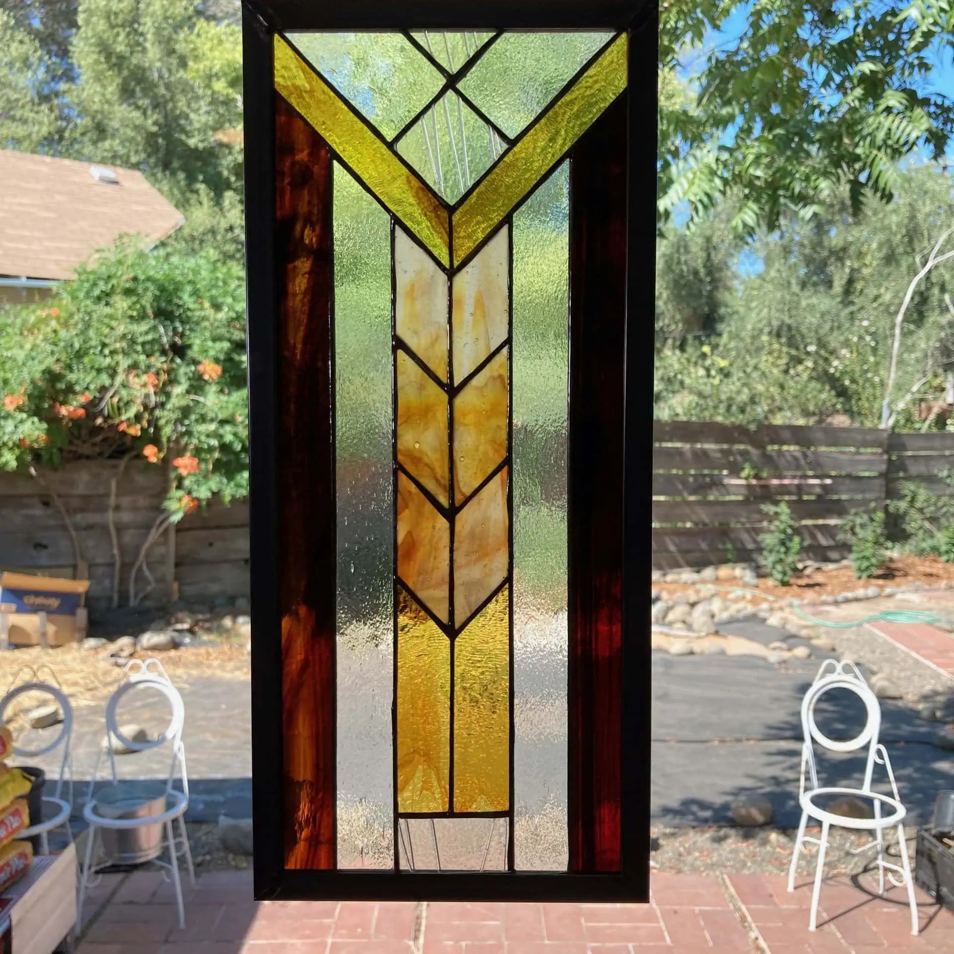 Frank Lloyd Wright Inspired Stained Glass Window Panel Root Beer (1