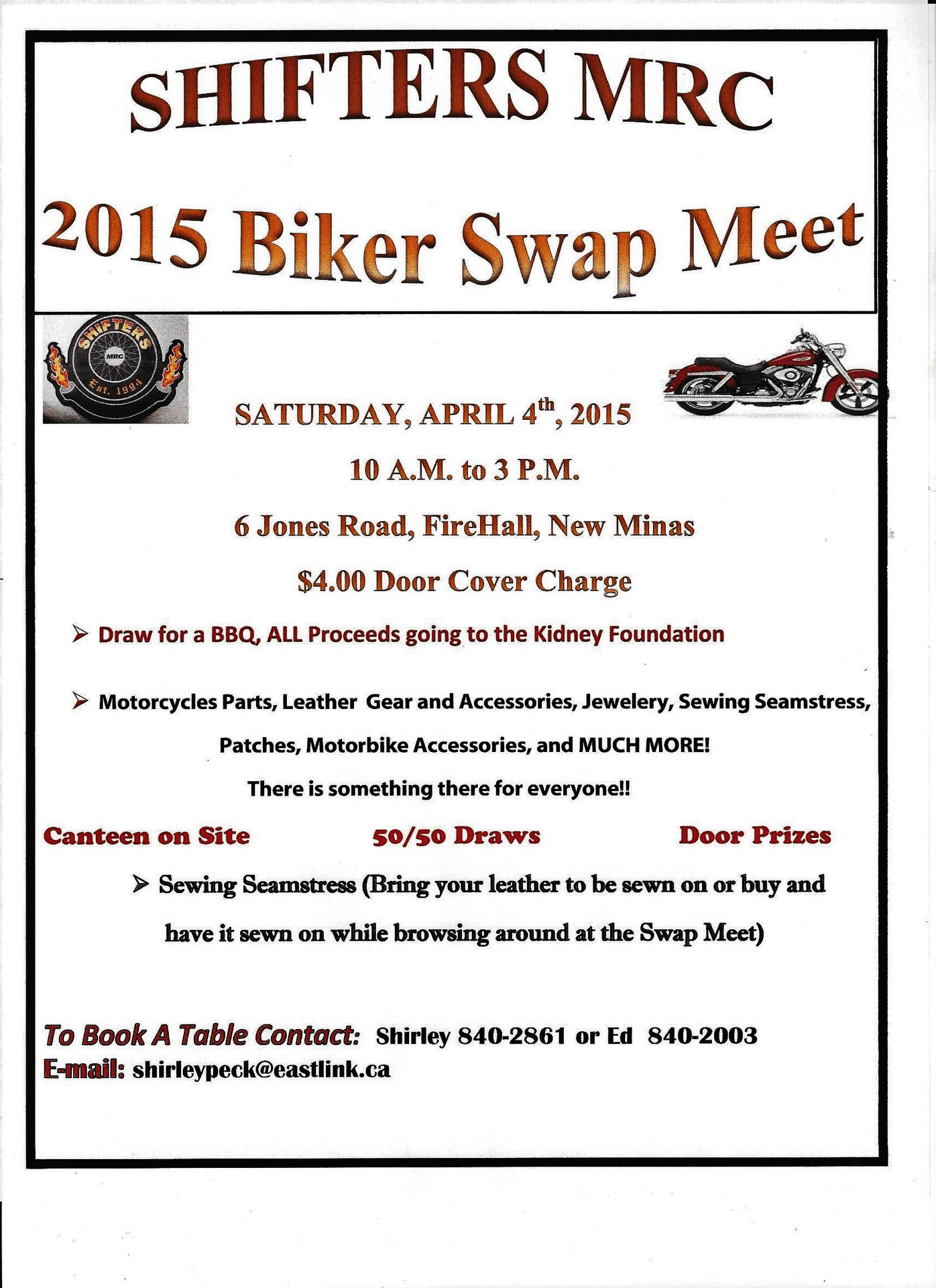 Shifters Biker Swap Meet at Fire Hall, New Minas (April 4, 2015 10am)