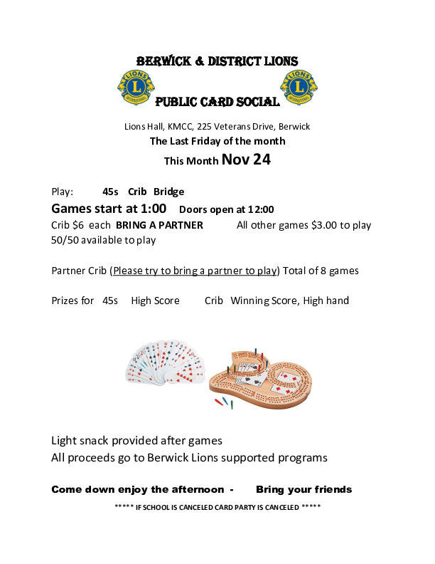 Public Card Party at Lions Club, Berwick (November 24, 2017 1pm)