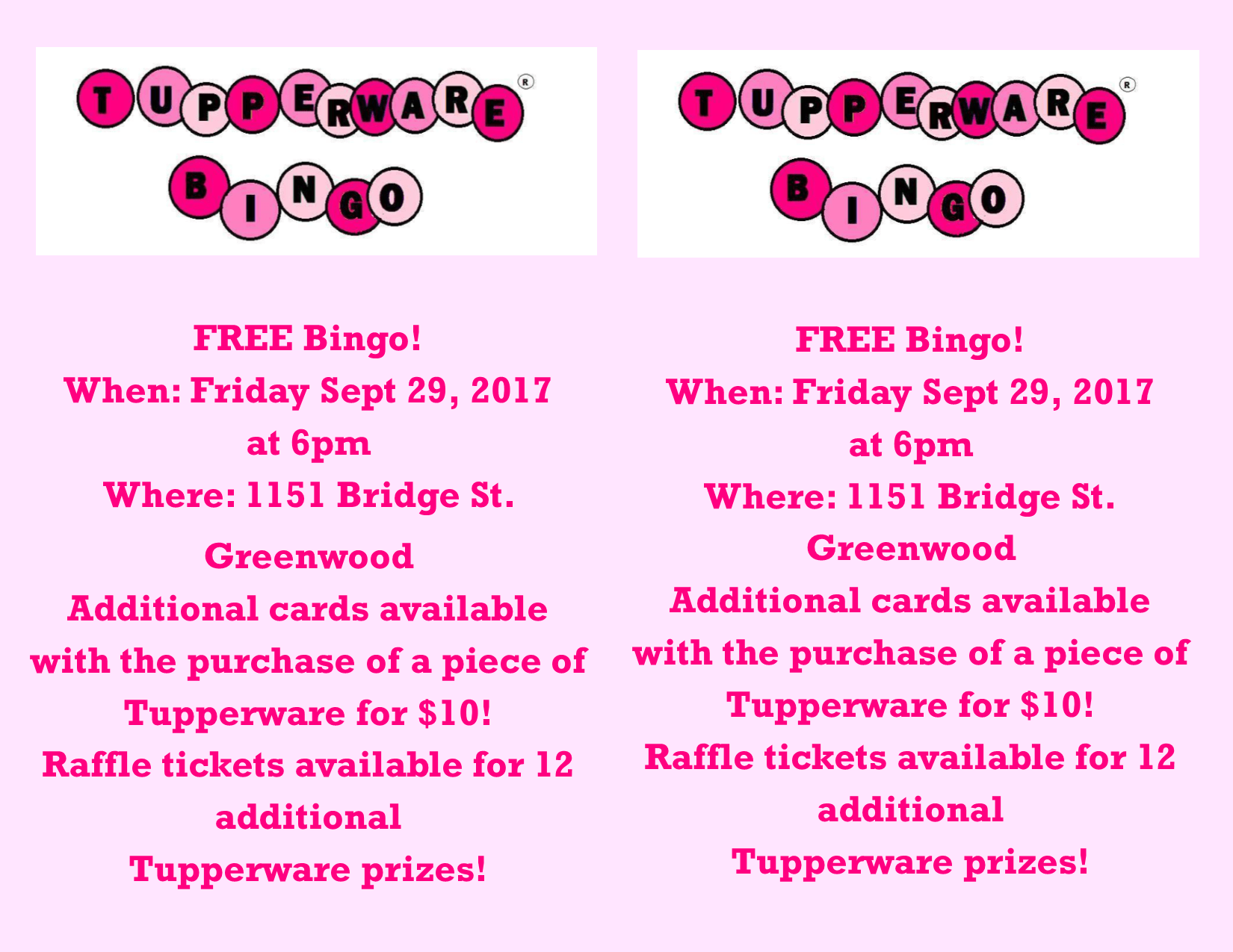 Tupperware Bingo at New Beginnings Center, Greenwood (September 29