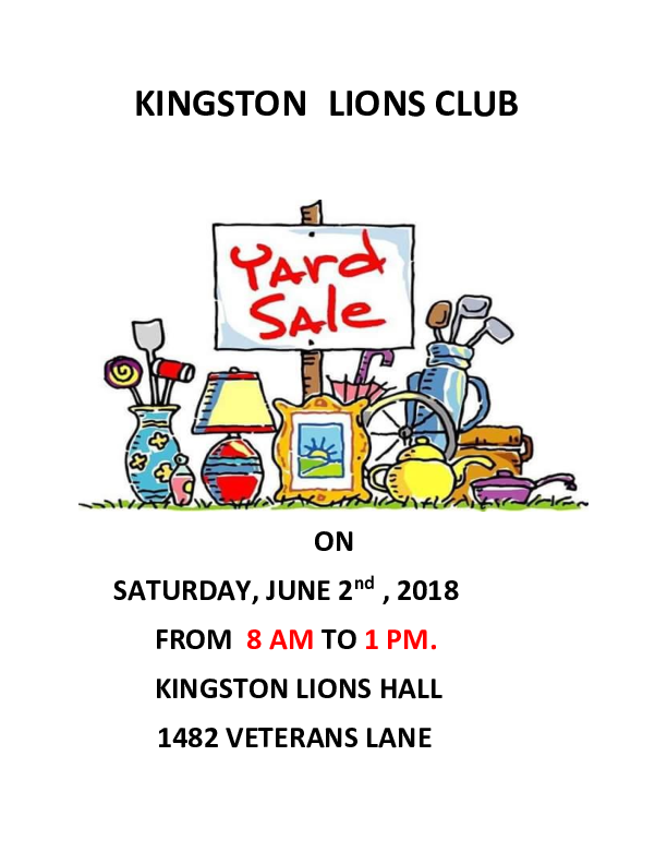 Spring Yard Sale at Lions Club, Kingston (June 2, 2018 8am)