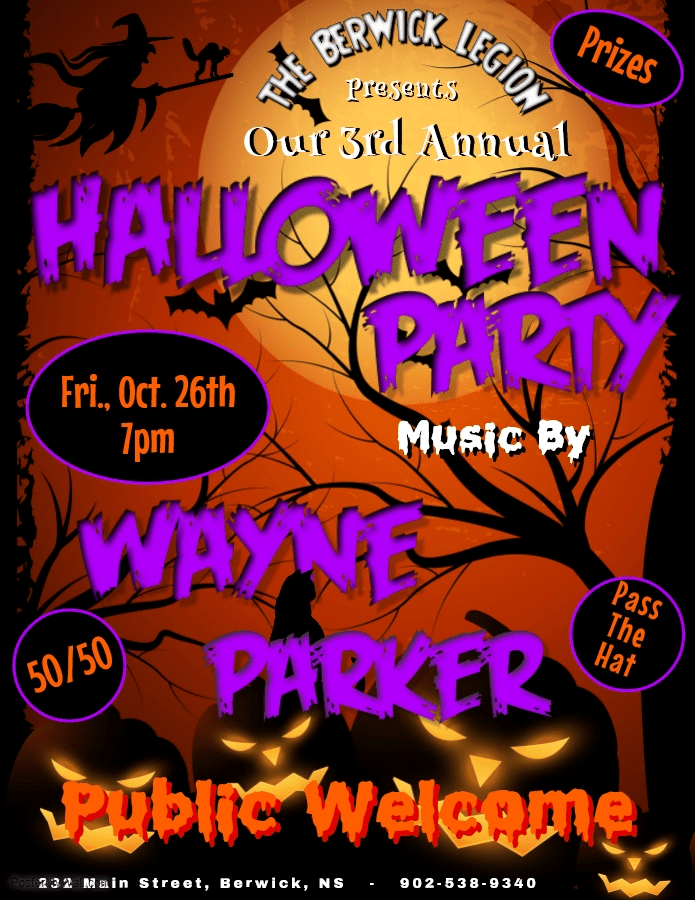 Halloween Party at Royal Canadian Legion, Berwick (October 26, 2018 5pm)