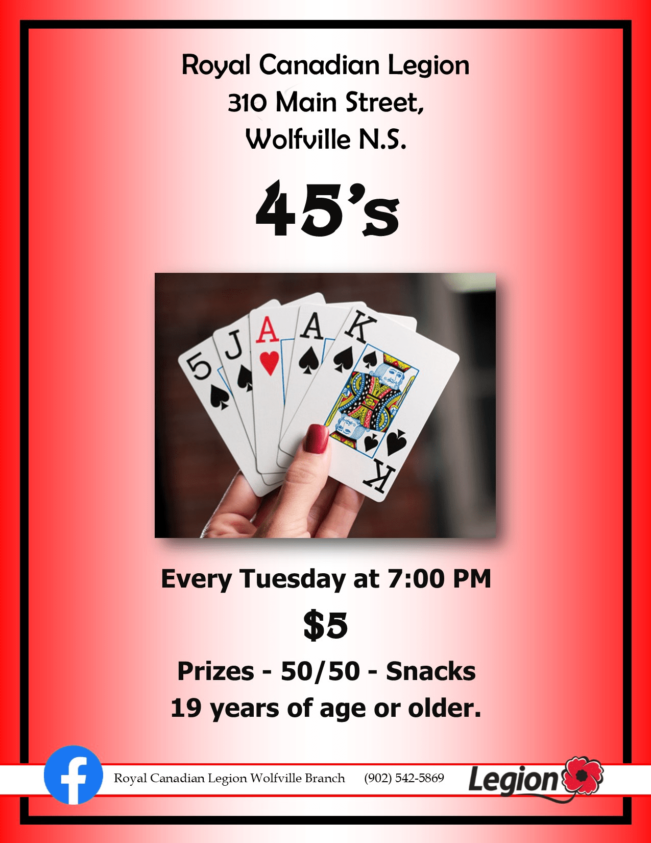 45's Card Game at Royal Canadian Legion, Wolfville (March 10, 2020 7pm)