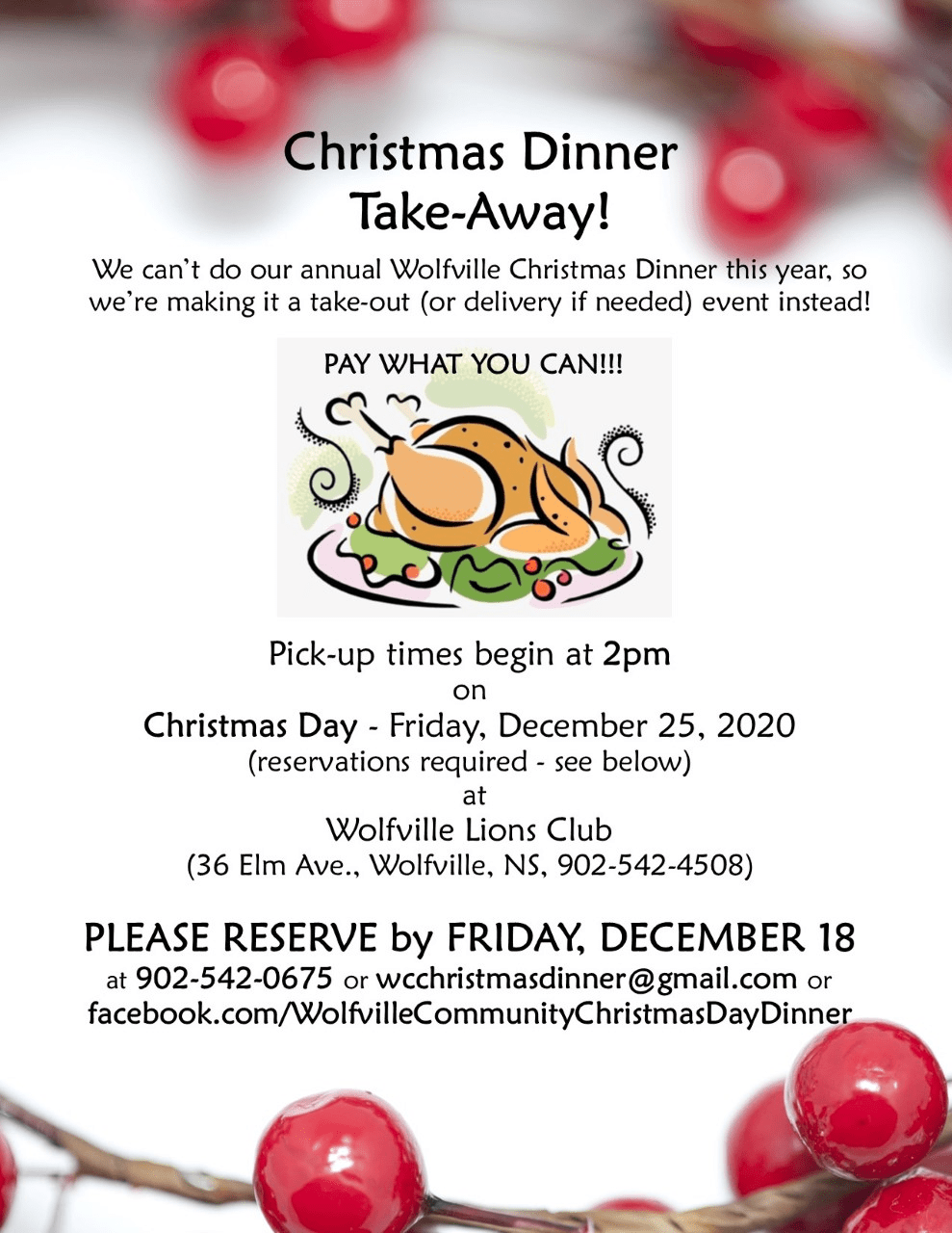 Christmas Dinner Takeaway at Lions Club, Wolfville (December 25, 2020 2pm)