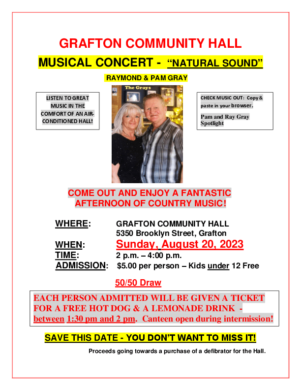 Musical Event at Community Centre, Grafton (August 20, 2023 2pm)