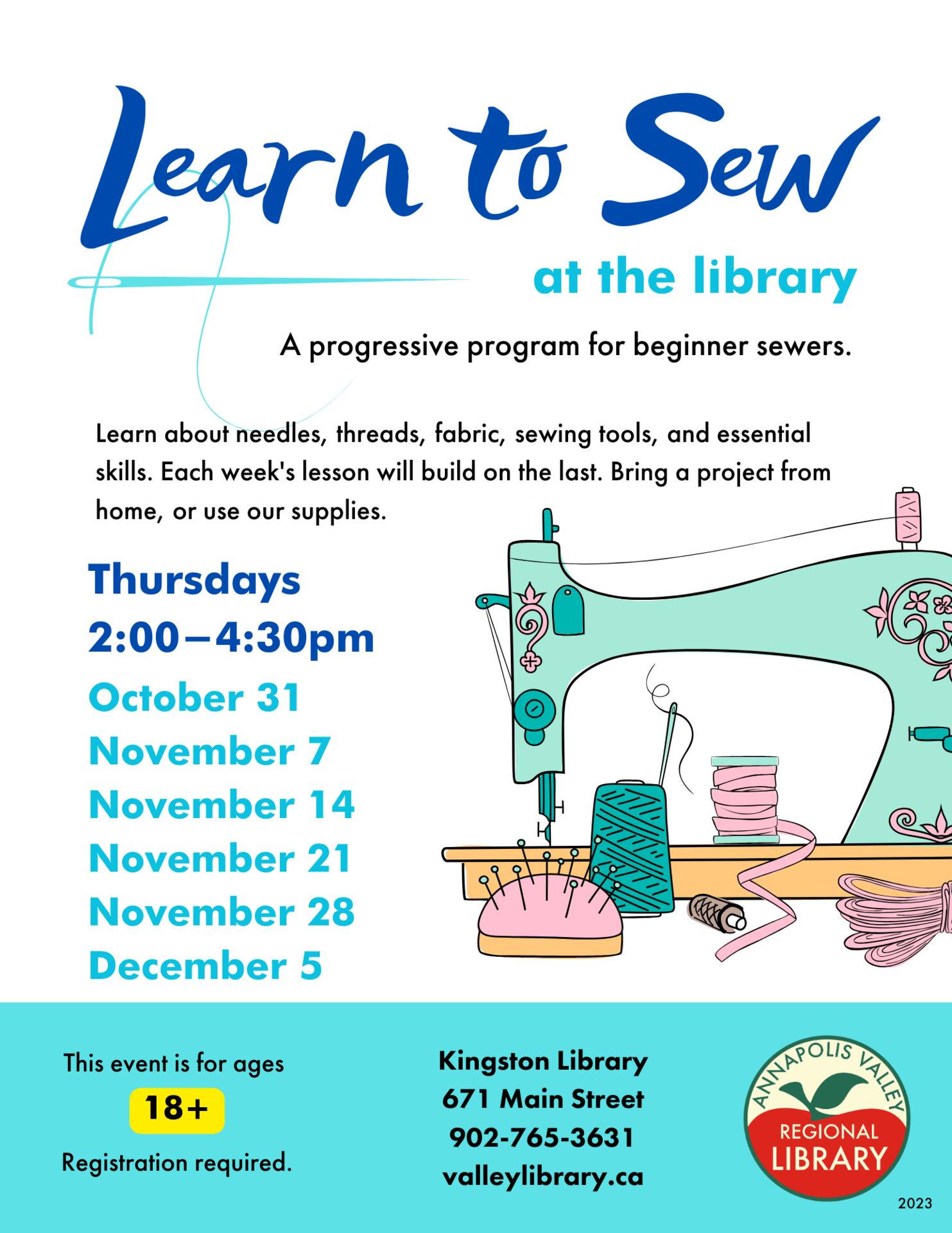 Learn to Sew at Kingston Library, Kingston (October 31, 2023 2pm)