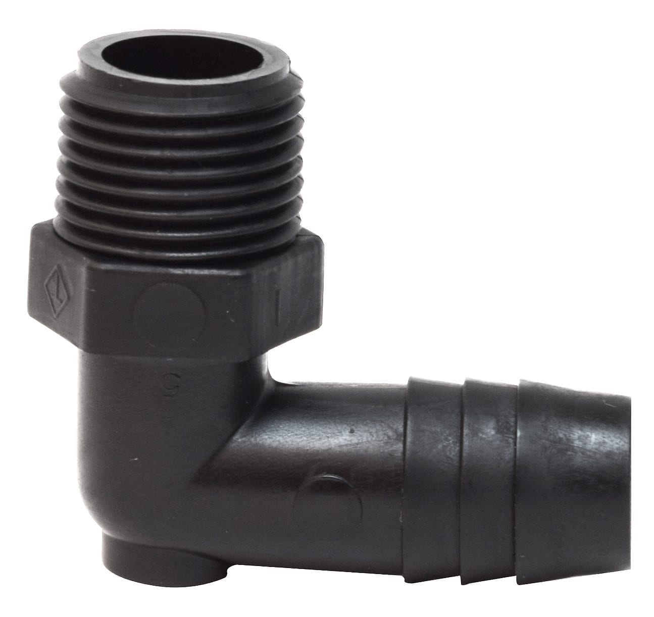 90° Ell Male Adapter, 3/8" MPT x 1/2" Barb