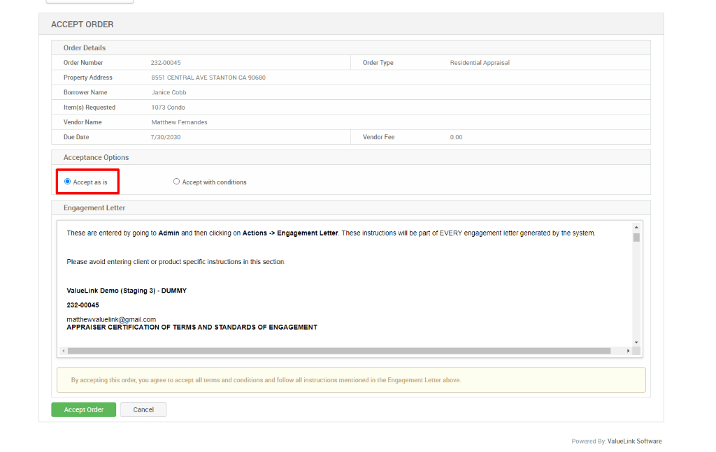 Order Management Accept An Appraisal Order ValueLink Software