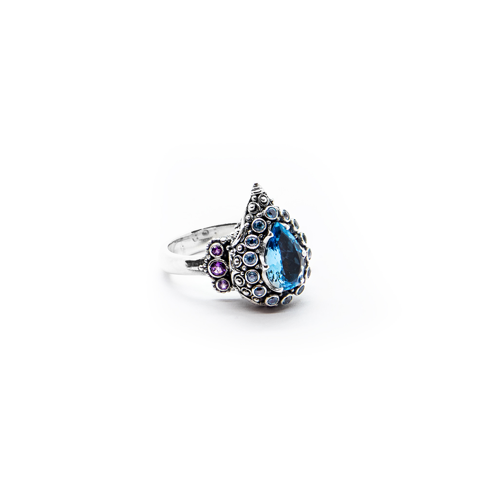 Blue Topaz Tilak Ring with Amethyst Set in Sterling Silver KM149