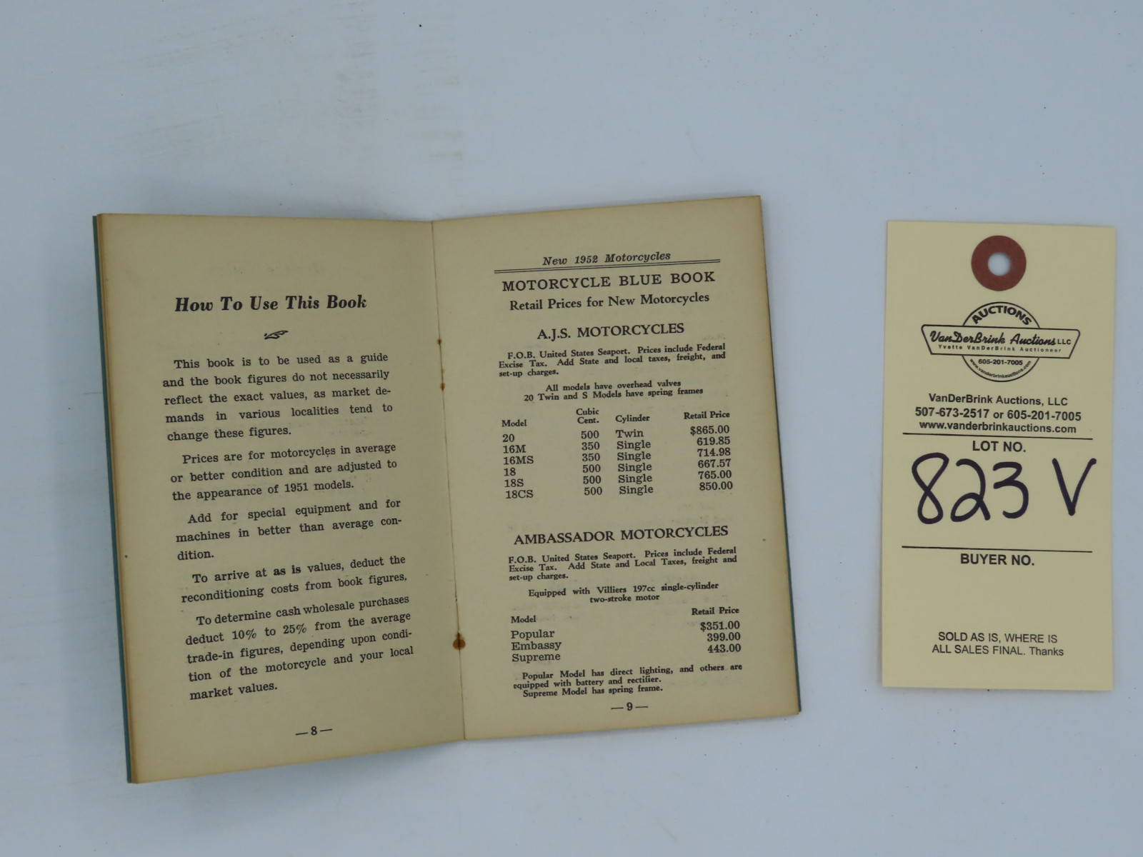 Lot 823V Motorcycle Blue Book January 1952 VanderBrink Auctions