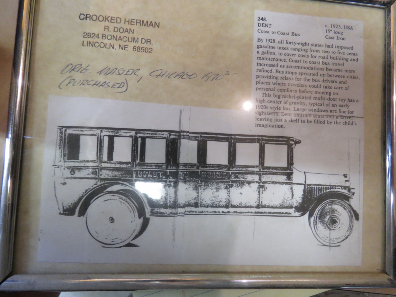 Lot 250D Original Master Denton Cast Iron Bus for Toy VanderBrink