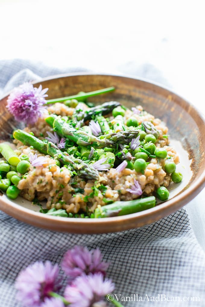 Creamy Farro with Pesto Asparagus and Peas