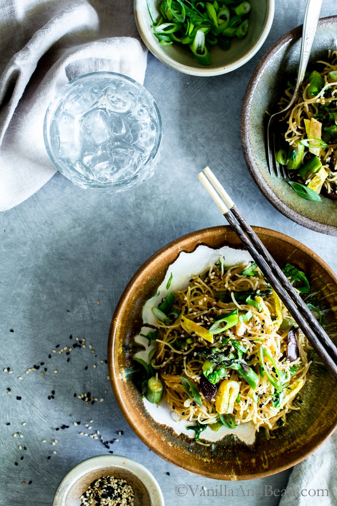 Garlicky Asparagus, Mushroom and Bok Choy Noodle Bowls Vanilla And Bean