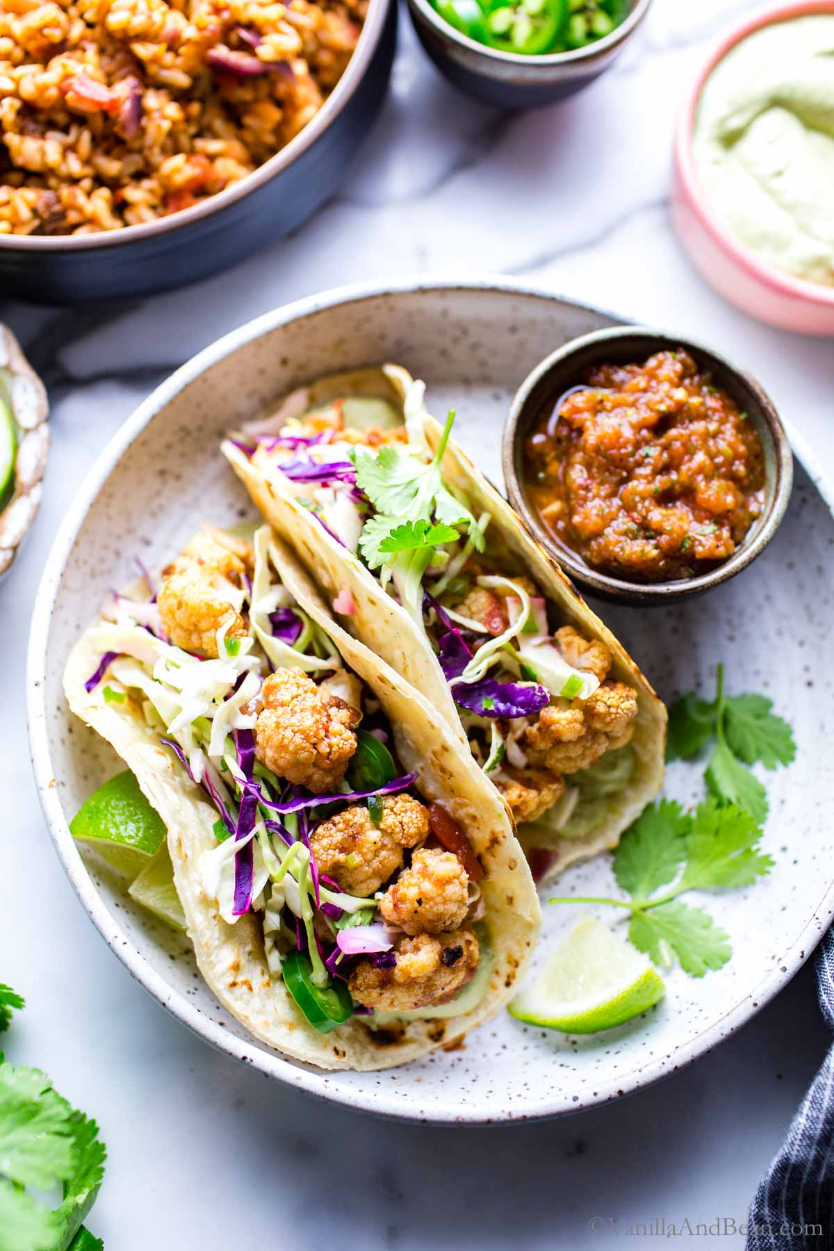 Roasted Cauliflower Tinga Tacos with ChiliLime Slaw