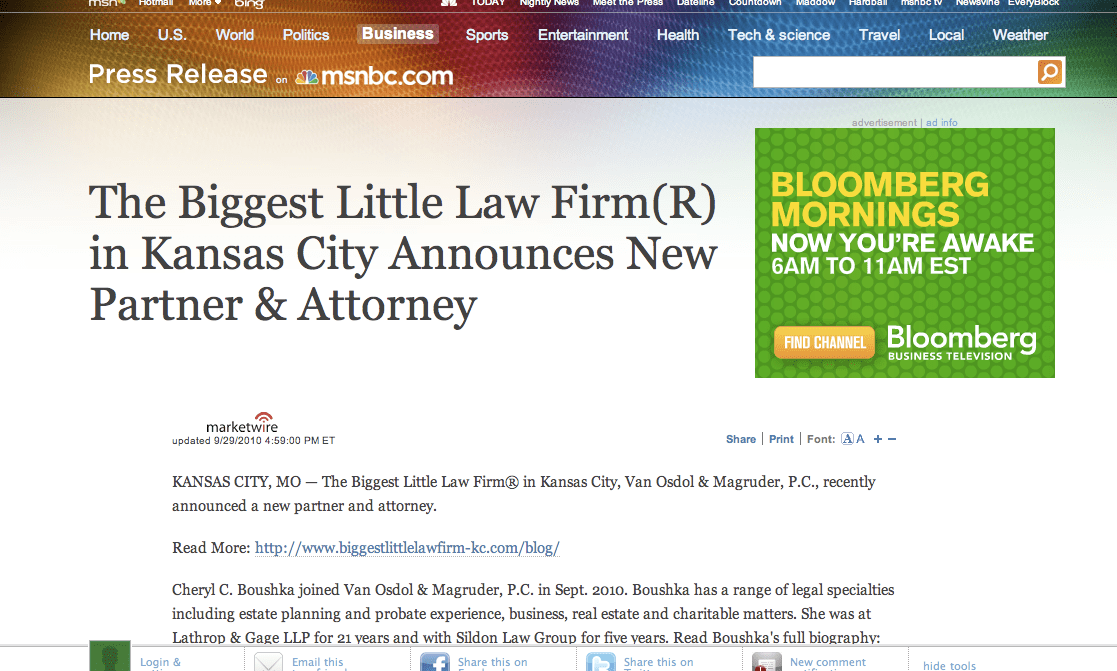 Biggest Little Law Firm® in Kansas City Press Release Posted on MSNBC